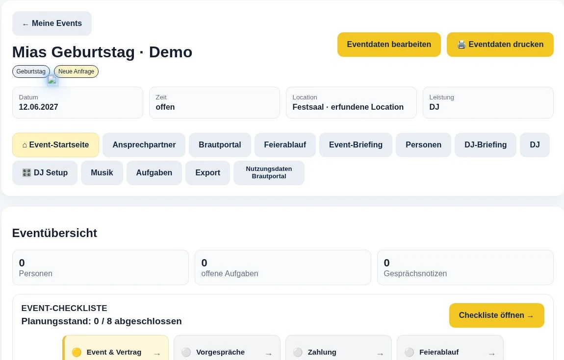 Mias Geburtstag: Eventdaten und Checkliste im Backoffice