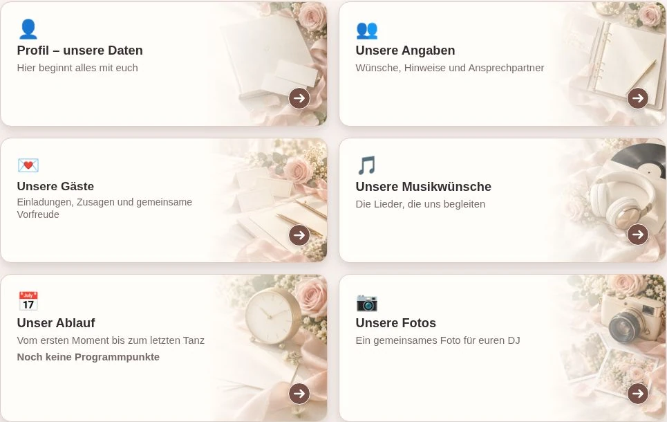 Echte Hochzeitsportal-Übersicht: Angaben, Gäste, Musikwünsche, Ablauf und Fotos