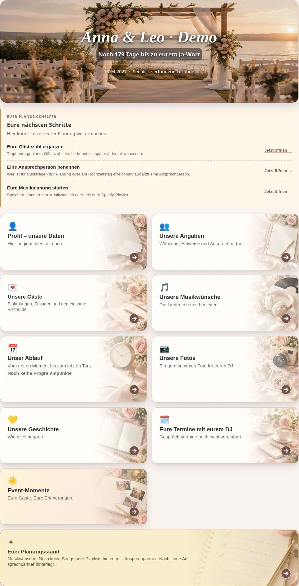 Hochzeitsportal von Anna und Leo mit Planungshelfer und Musikwünschen